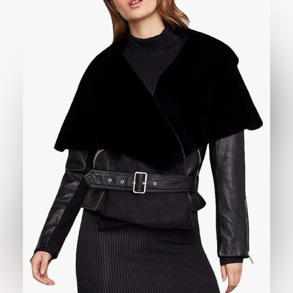 BCBGMAXAZRIA CAPELET LEATHER JACKET-Black-XS